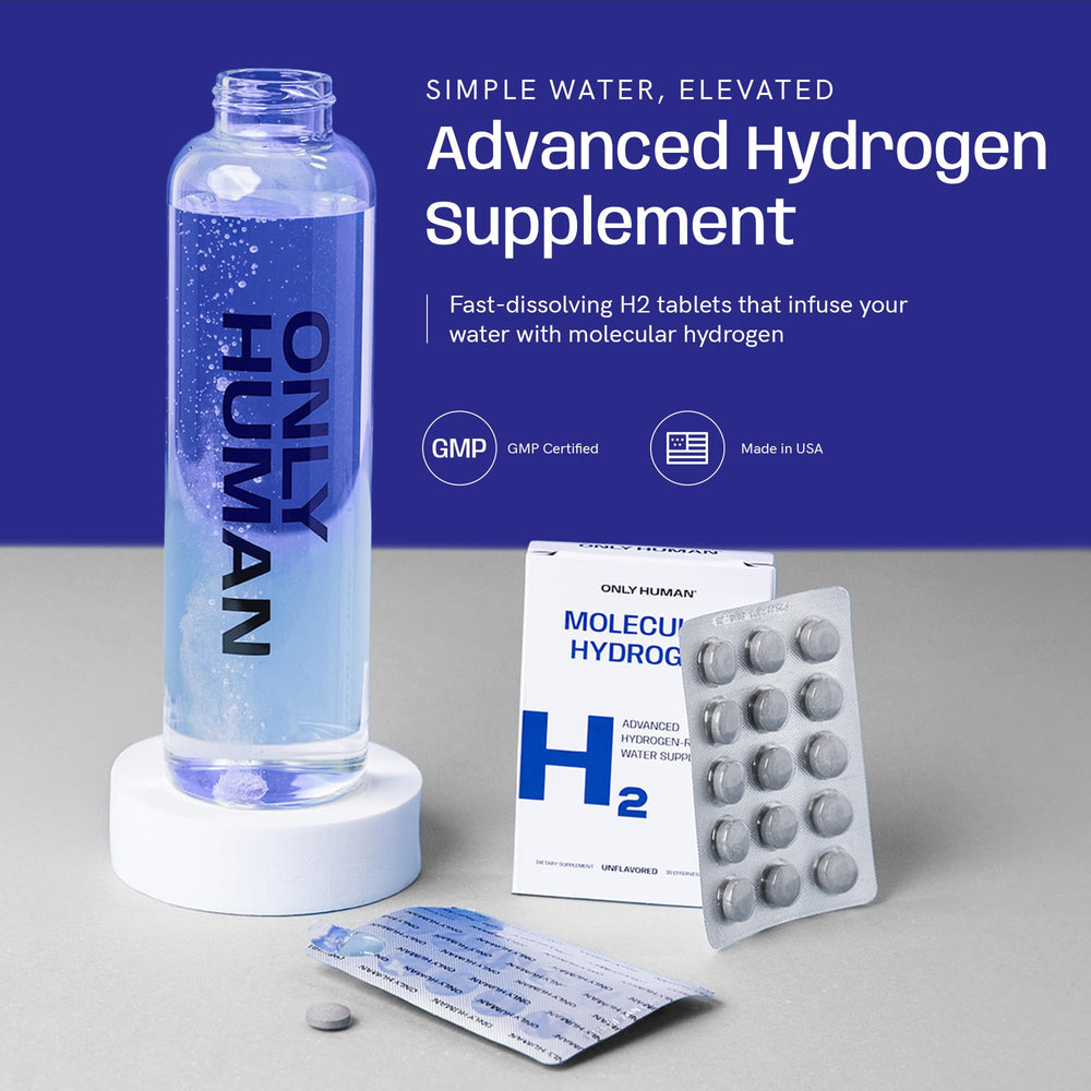 ONLY HUMAN H2 tablets dissolve in a glass to create refreshing hydrogen fizz.