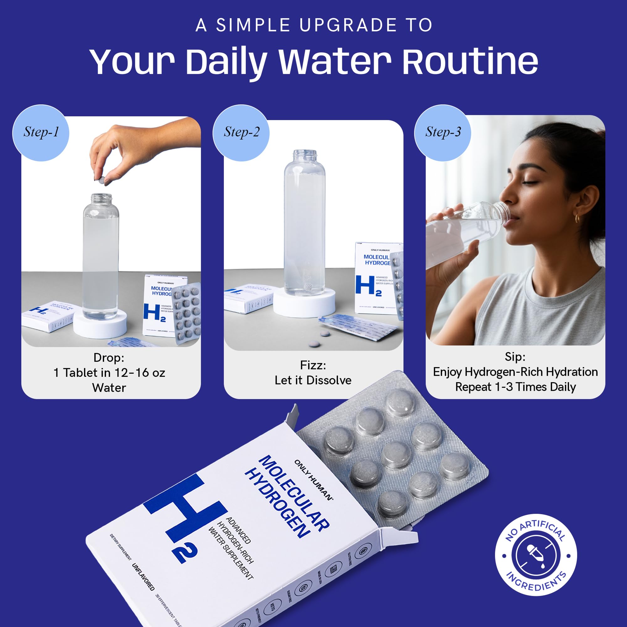 ONLY HUMAN H2 unflavored tablets keep water tasting clean while adding hydrogen.