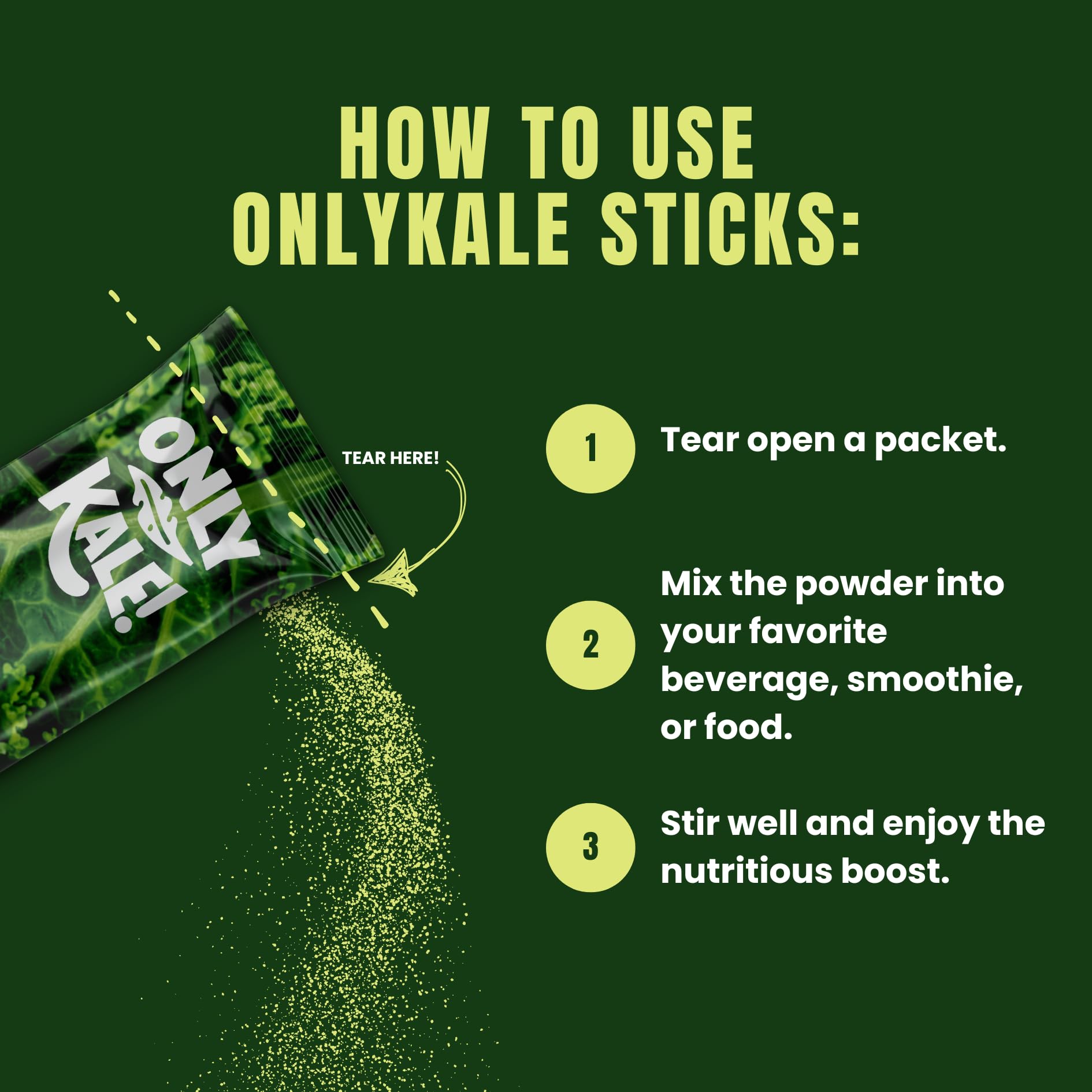 OnlyKale Kale Powder nutrition label highlights vitamins and minerals.