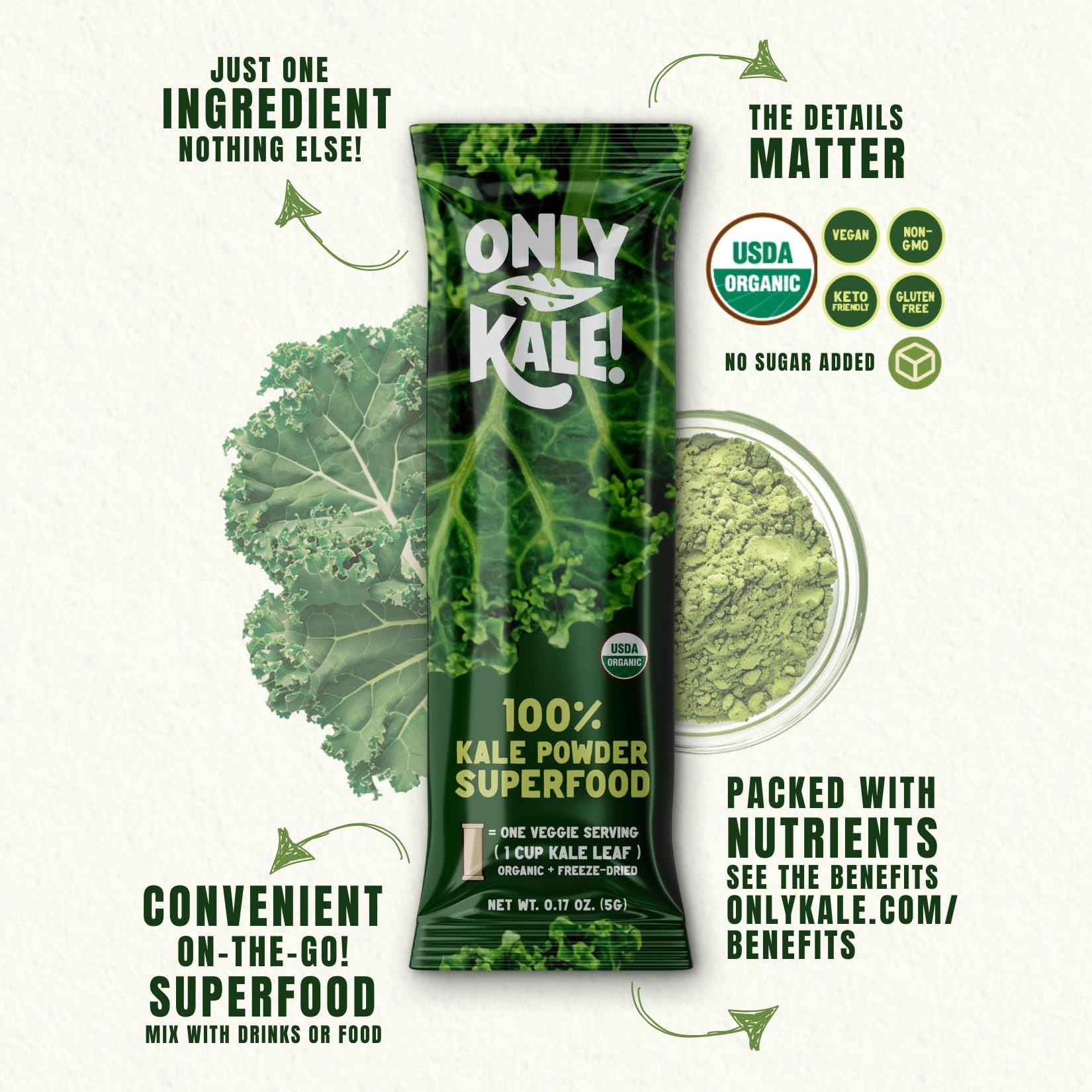 OnlyKale Kale Powder on-the-go sachet supports busy lifestyles.