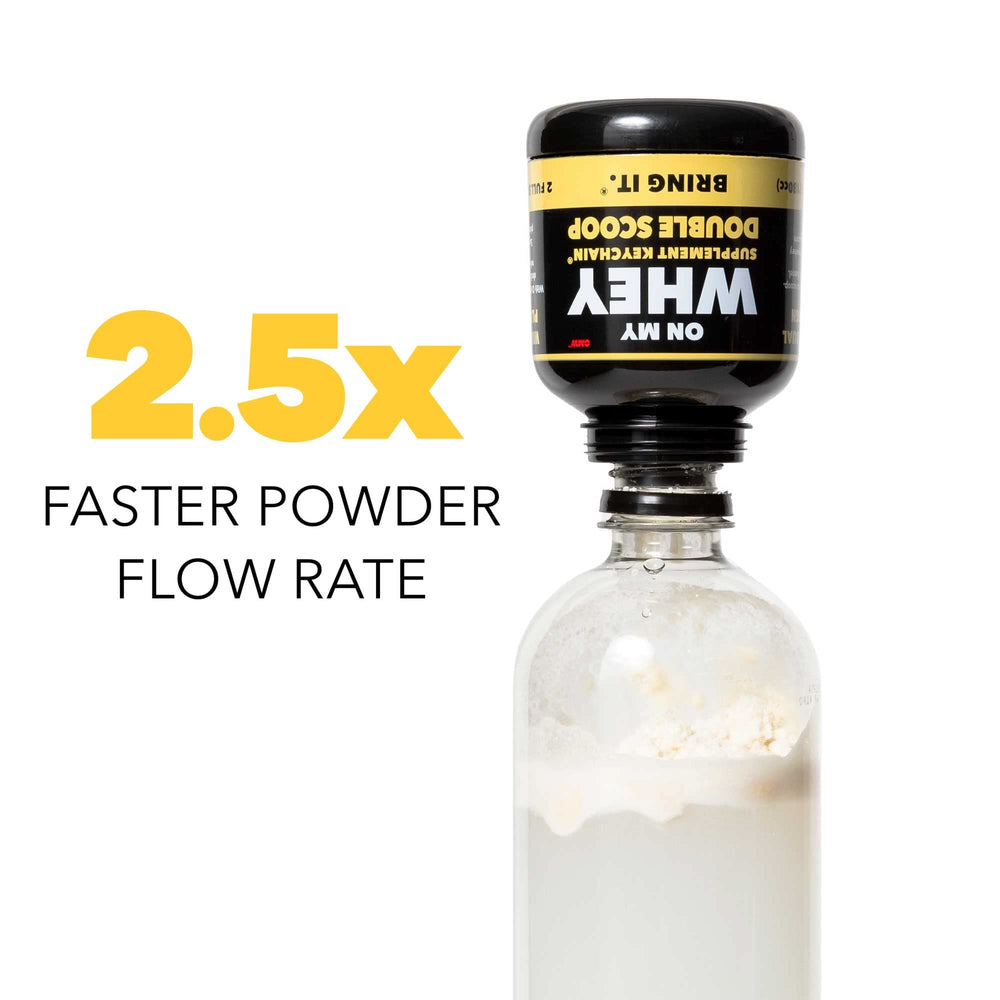 ONMYWHEY 180cc capacity image emphasizes large storage for two scoops.