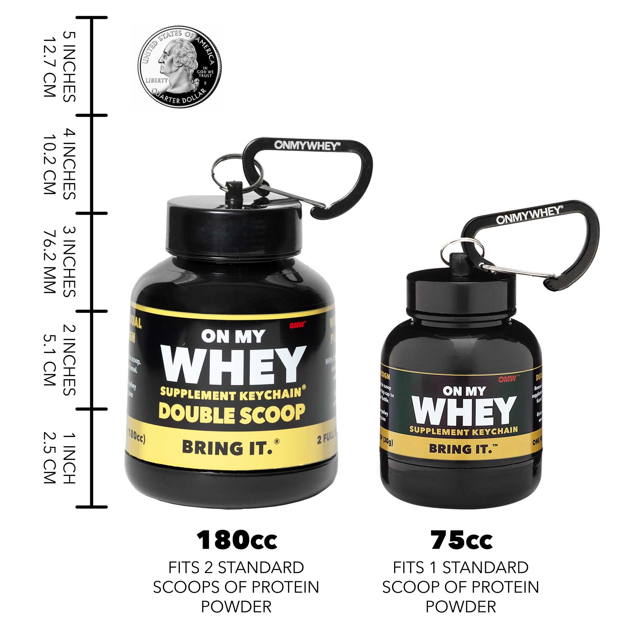 ONMYWHEY dispenser funnel keychain illustrates convenient on-the-go mixing.