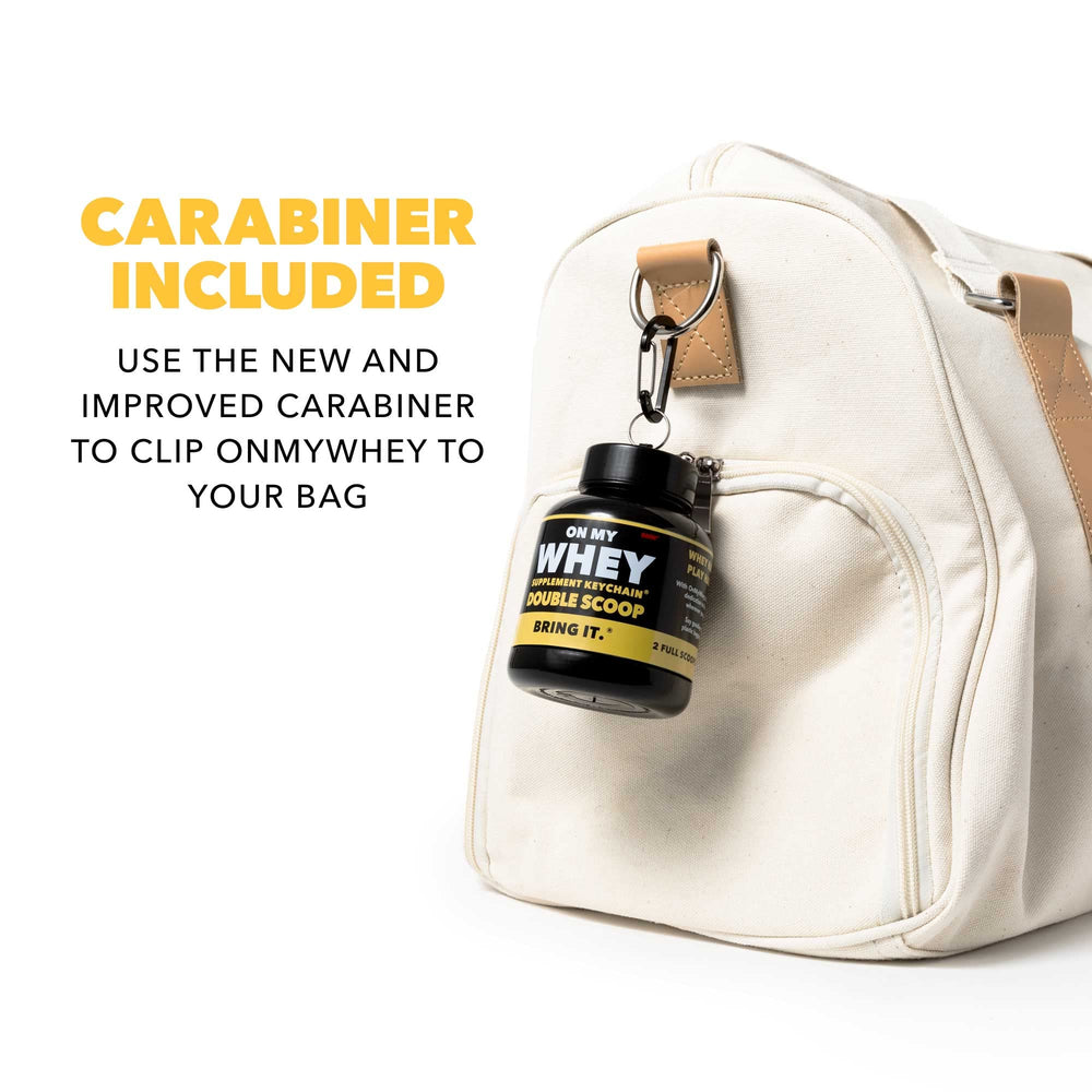 ONMYWHEY gym bag clip keeps the dispenser within reach during training.