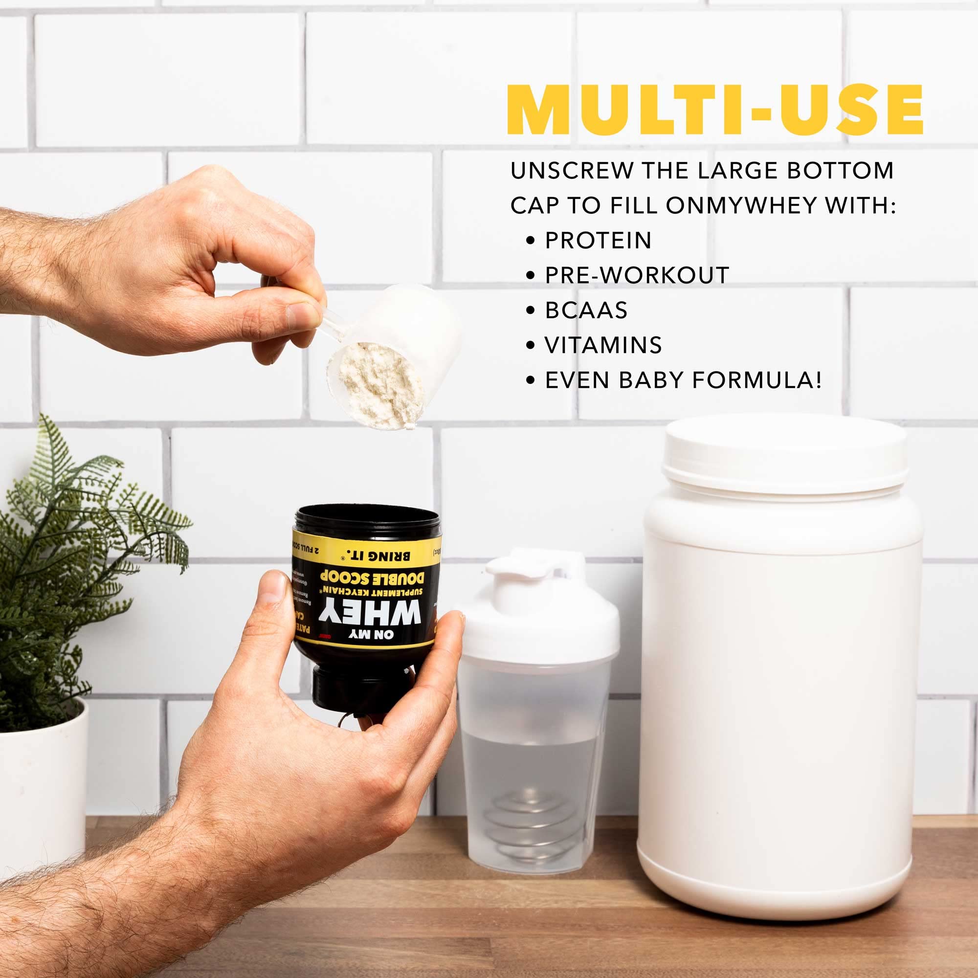 ONMYWHEY hash marks inside aid precise dosing during workouts.