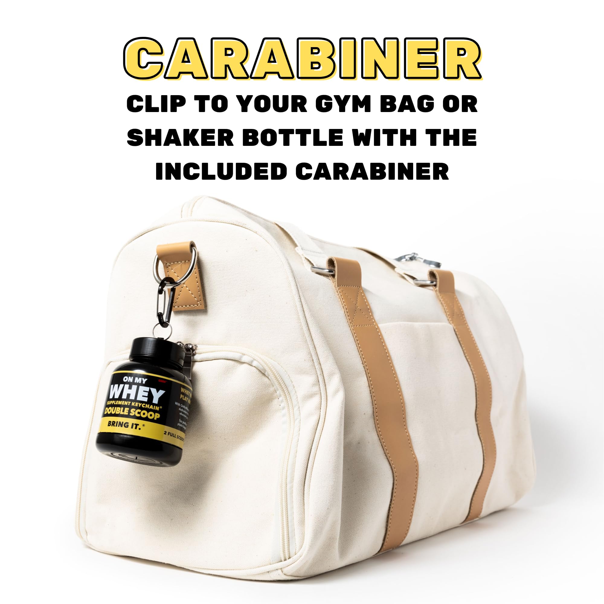 OnMyWhey keychain container clips to backpack for easy access.