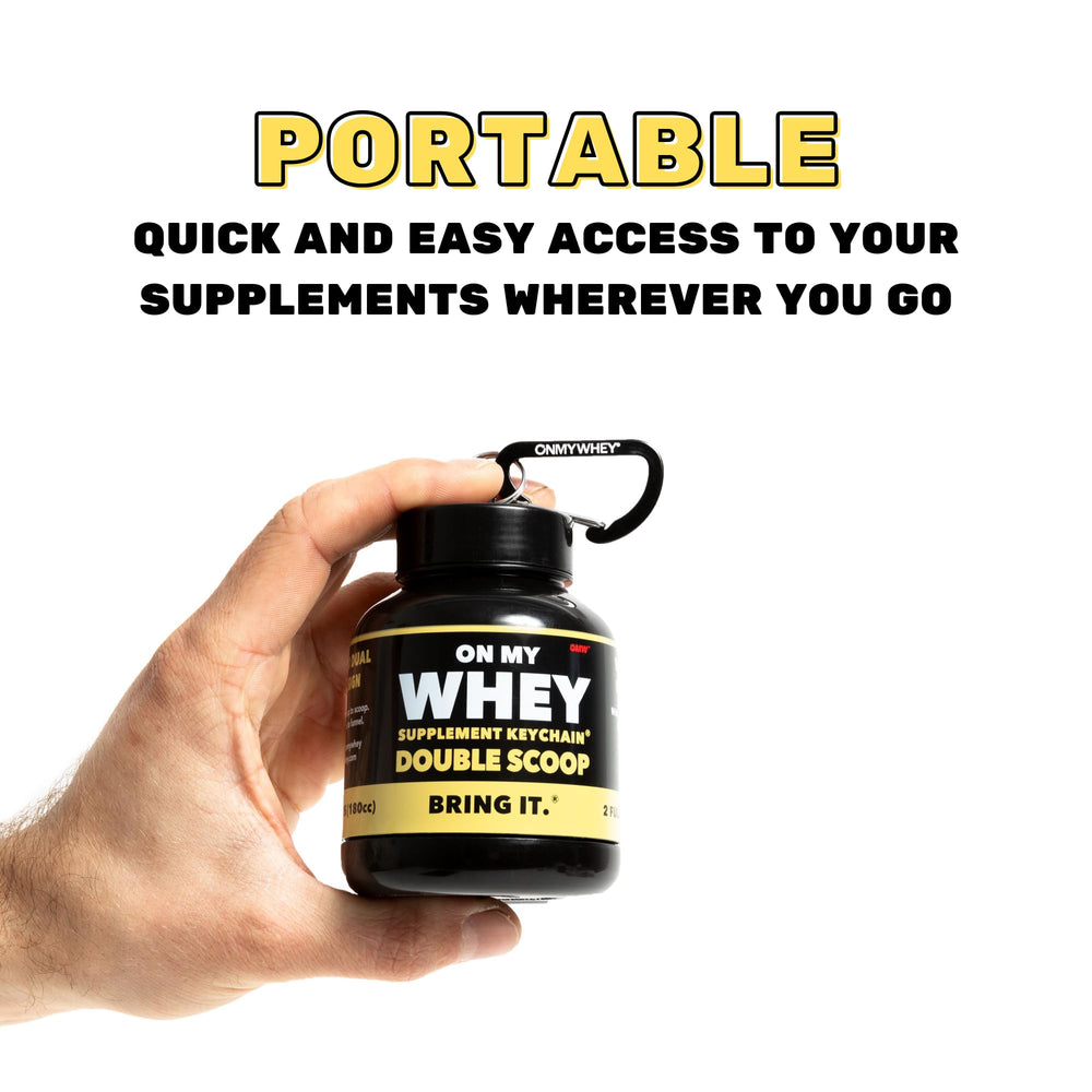 OnMyWhey leak-proof design prevents spills in bags.