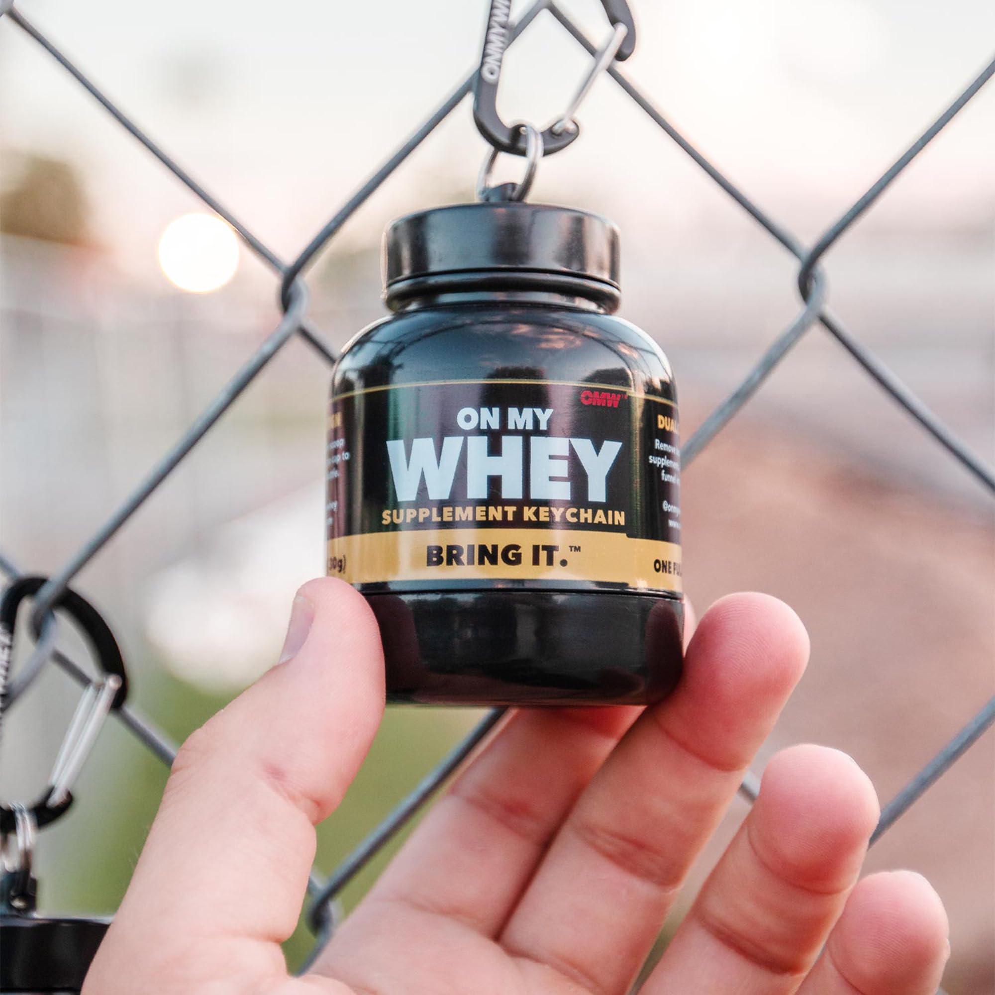 OnMyWhey powder travel container supports pre-workout on trips