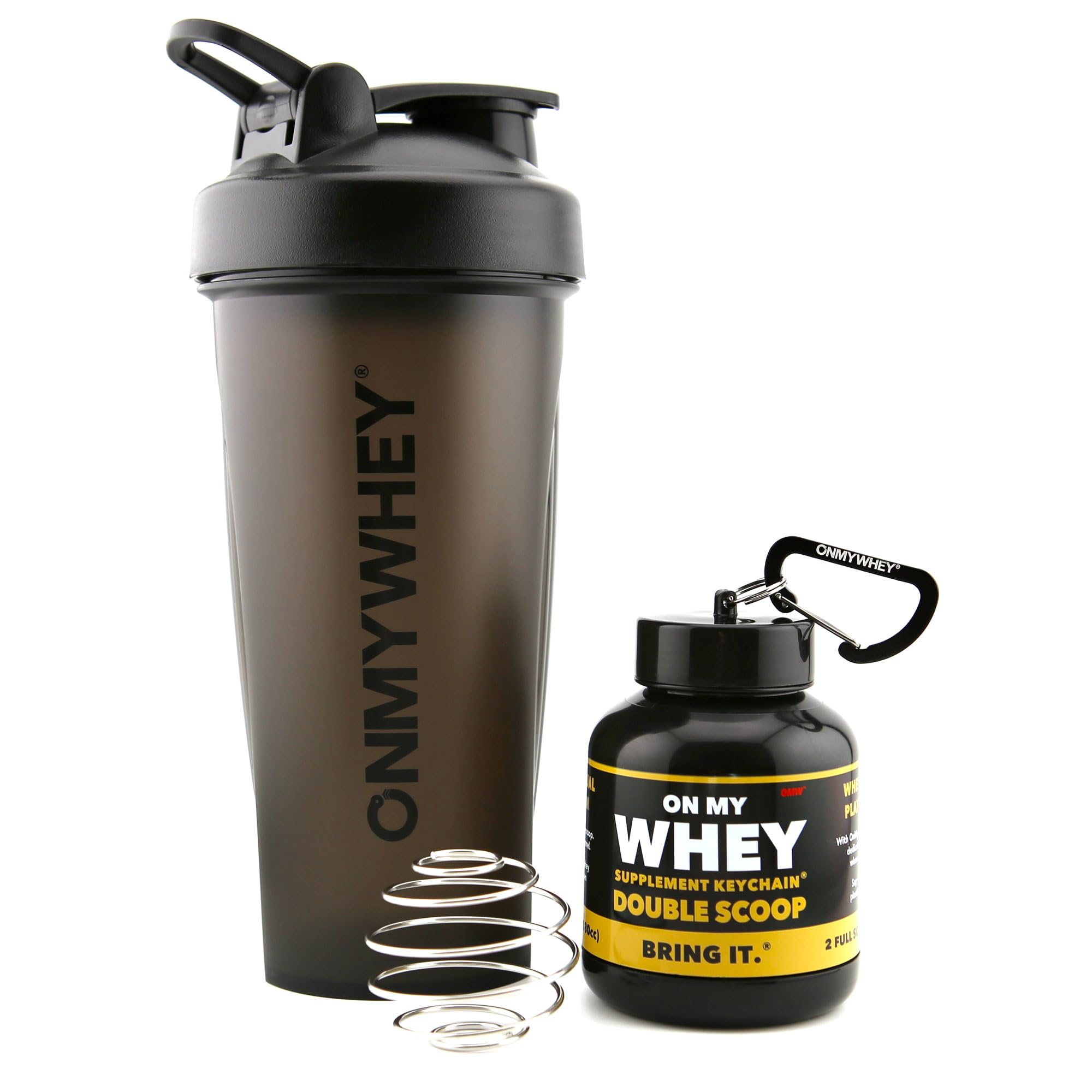 OnMyWhey protein shaker bottle with built-in whisk for smooth blends.
