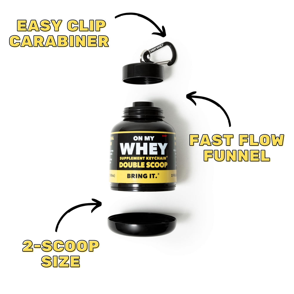 OnMyWhey shaker bottle showing whisk and leak-proof lid.