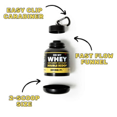 OnMyWhey shaker bottle showing whisk and leak-proof lid.
