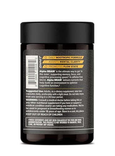 ONNIT Alpha Brain Black Label bottle closeup promoting sustained energy and alertness.