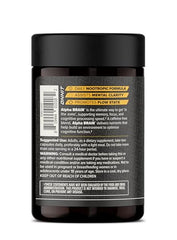 ONNIT Alpha Brain Black Label bottle closeup promoting sustained energy and alertness.
