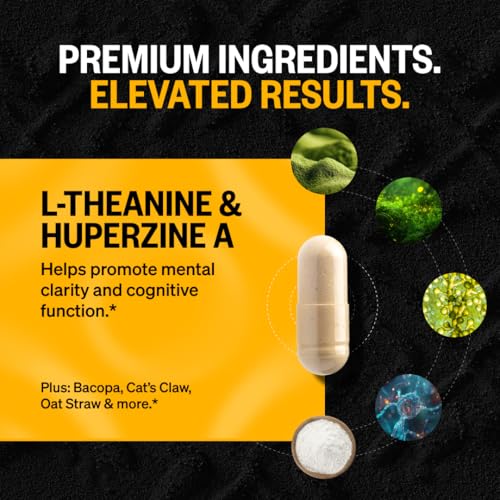ONNIT Alpha Brain Black Label capsules closeup showing caffeine and L-Theanine blend