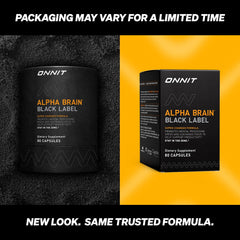 ONNIT Alpha Brain Black Label pour showing capsules for sustained focus.