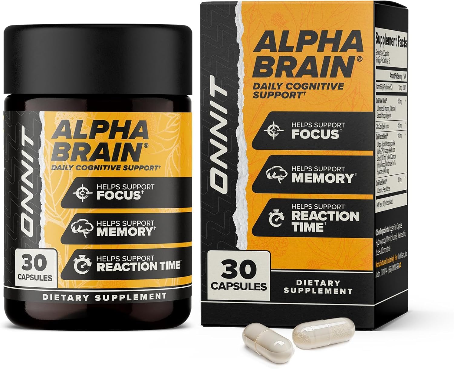 ONNIT Alpha Brain bottle front view for focused daily use and cognitive support.