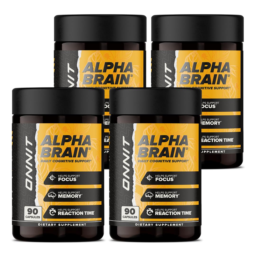 ONNIT Alpha Brain bottle front promotes daily focus and mental clarity.