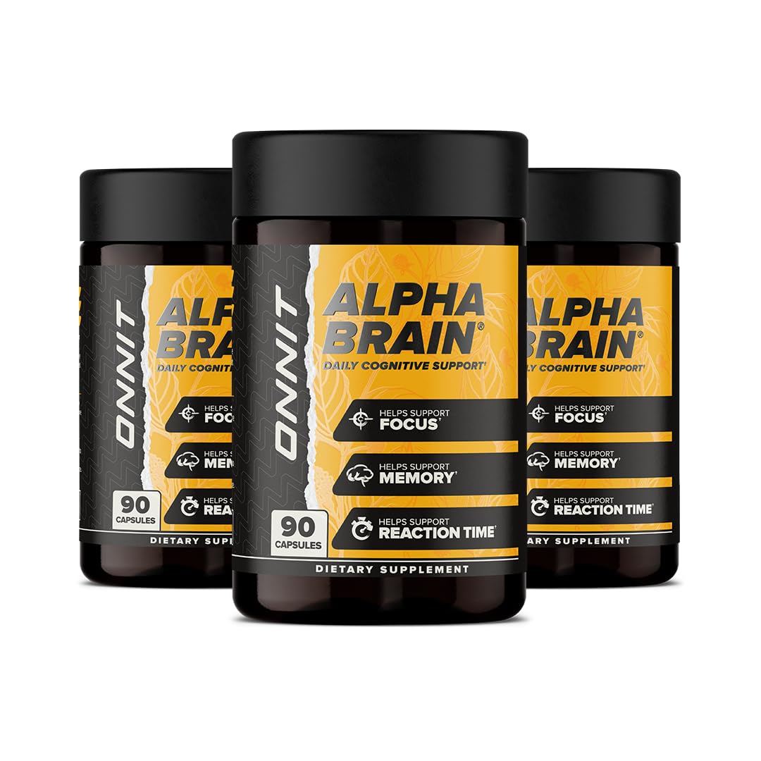 ONNIT Alpha Brain bottle front view highlighting focus-support capsules.