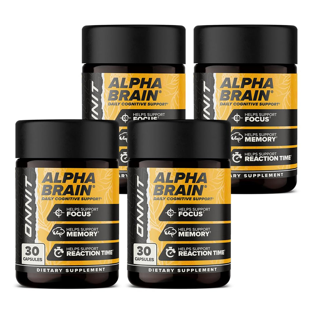 ONNIT Alpha Brain bottle front view highlighting cognitive support for daily focus.