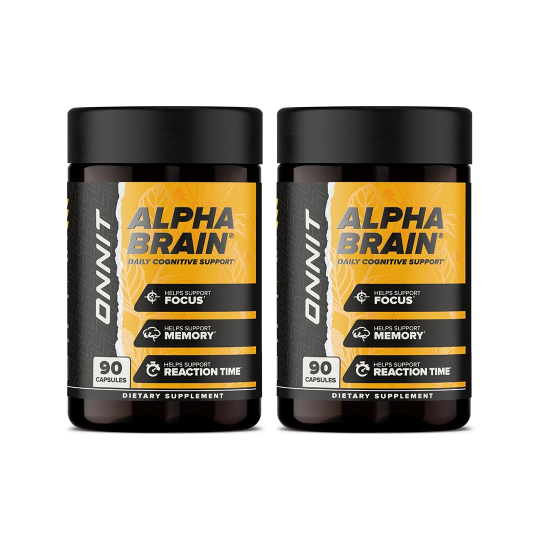 ONNIT Alpha Brain bottle front view highlighting memory and focus support.