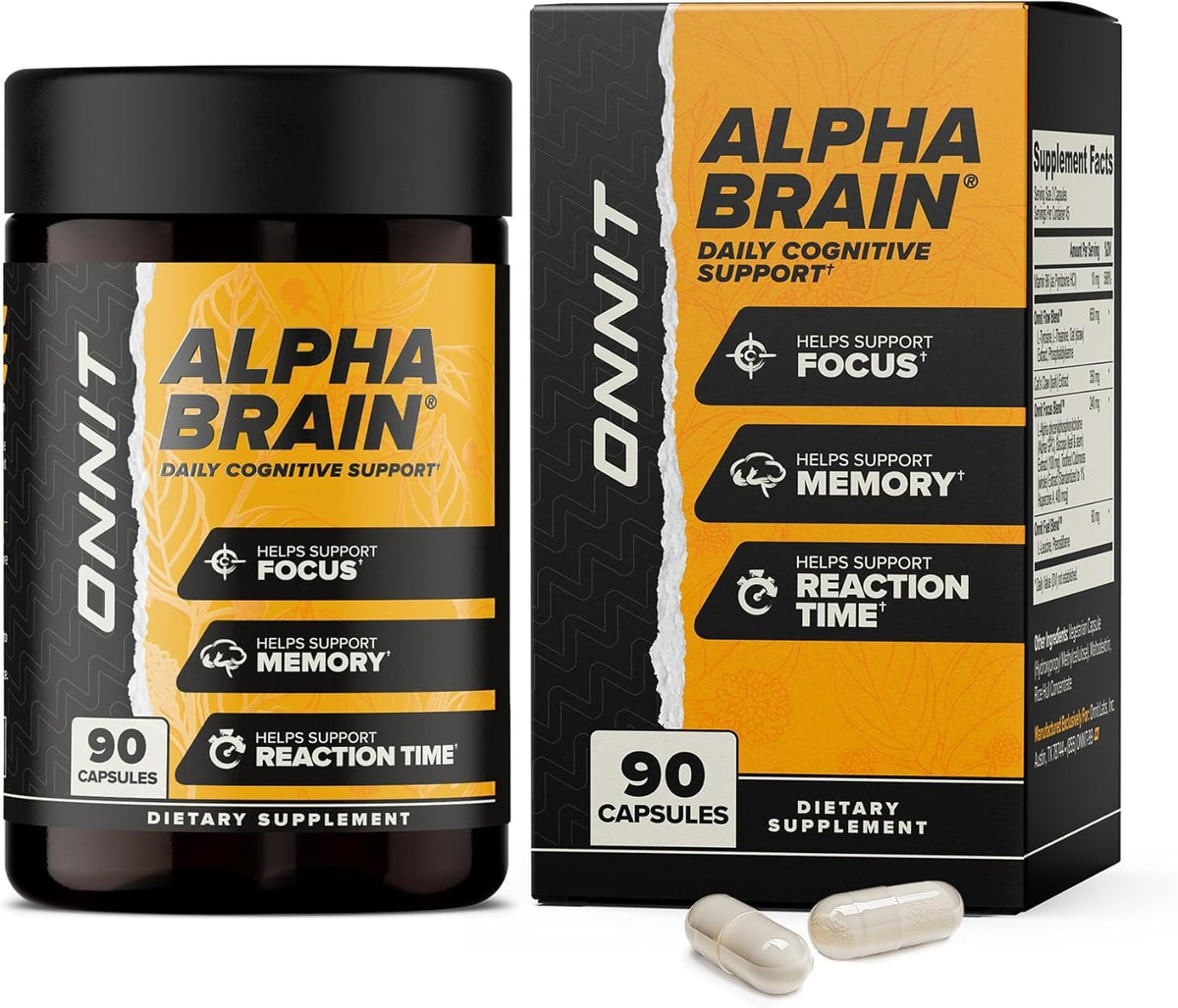 ONNIT Alpha Brain bottle front for memory and mental clarity.