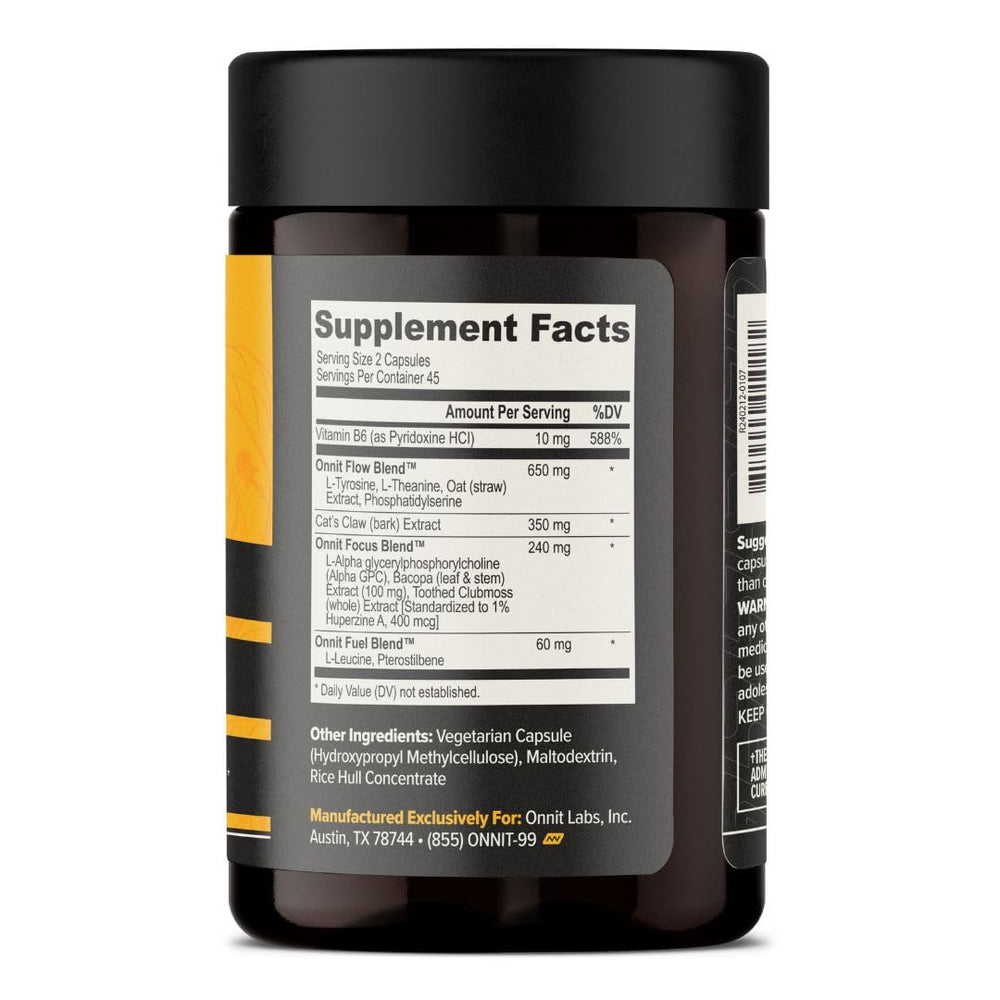 ONNIT Alpha Brain bottle side showing ingredient highlights for focus.