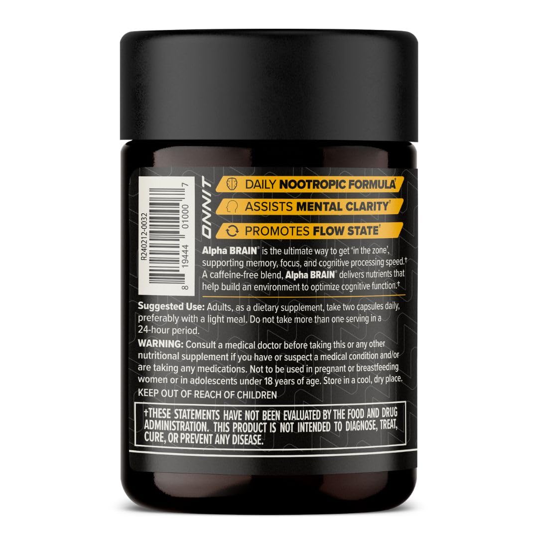 ONNIT Alpha Brain dosing layout showing 30 capsules per bottle for consistent routines.