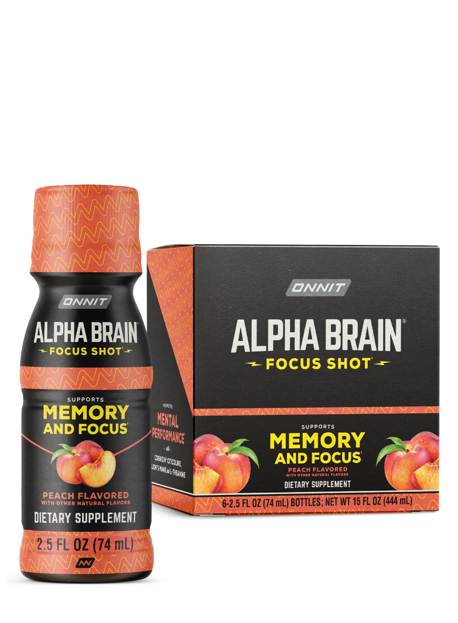 ONNIT Alpha Brain Focus Shot peach bottle ready for on-the-go focus.