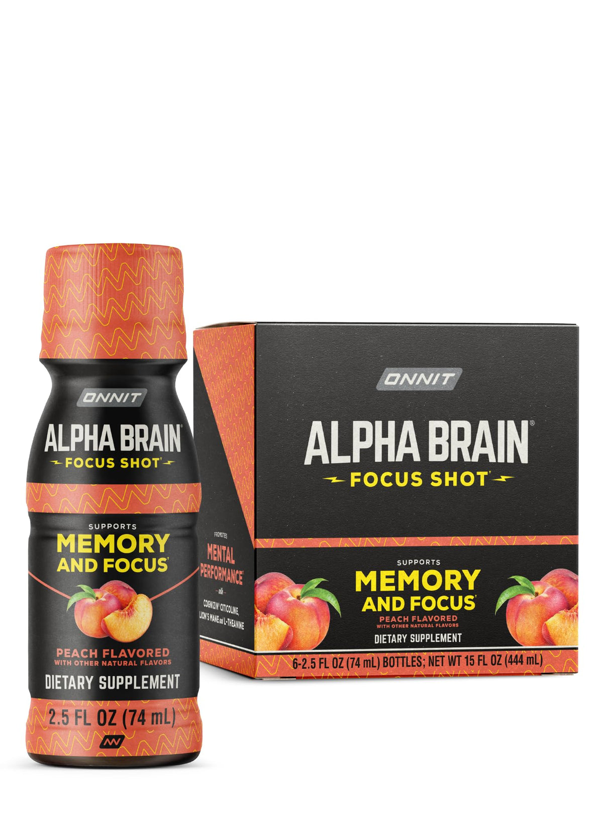ONNIT Alpha Brain Focus Shot peach bottle ready for on-the-go focus.