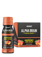 ONNIT Alpha Brain Focus Shot peach bottle ready for on-the-go focus.