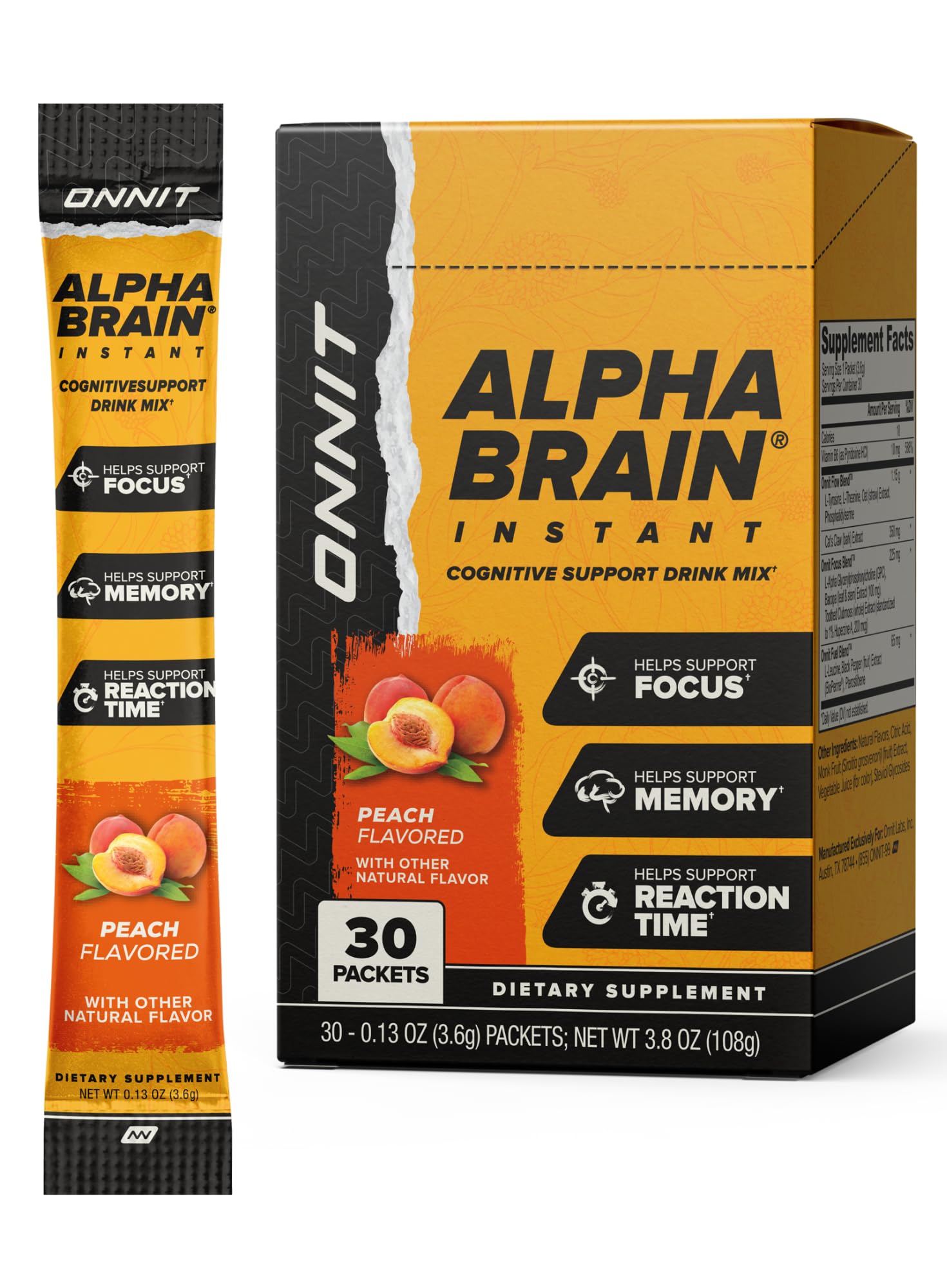 ONNIT Alpha Brain Instant box packaging for convenient, caffeine-free cognitive support on the go.