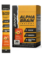 ONNIT Alpha Brain Instant box packaging for convenient, caffeine-free cognitive support on the go.