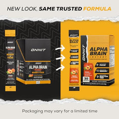 ONNIT Alpha Brain Instant ingredients lineup highlighting L-Theanine and B6 for focus.