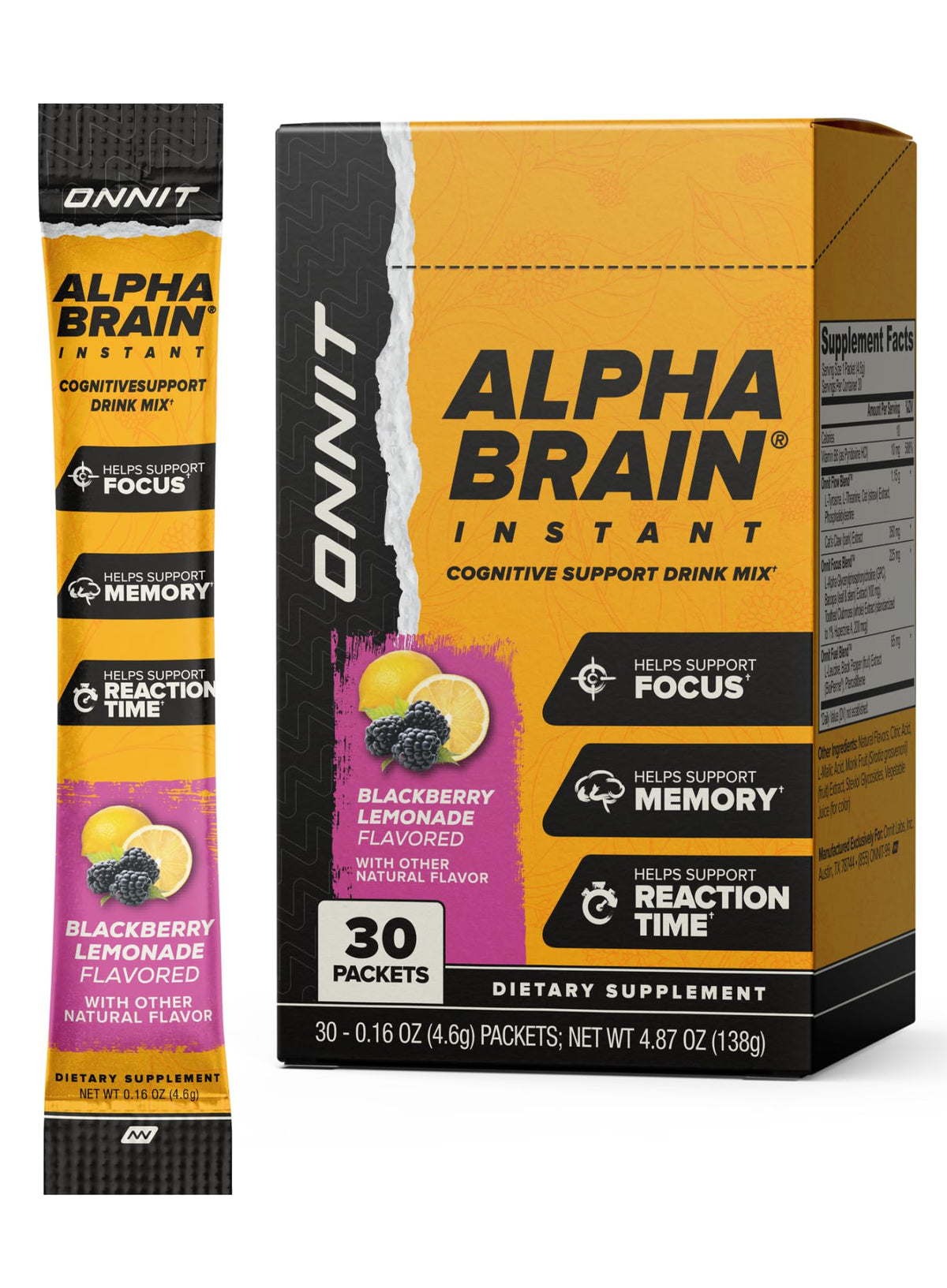 ONNIT Alpha Brain Instant packets front view for quick focus.