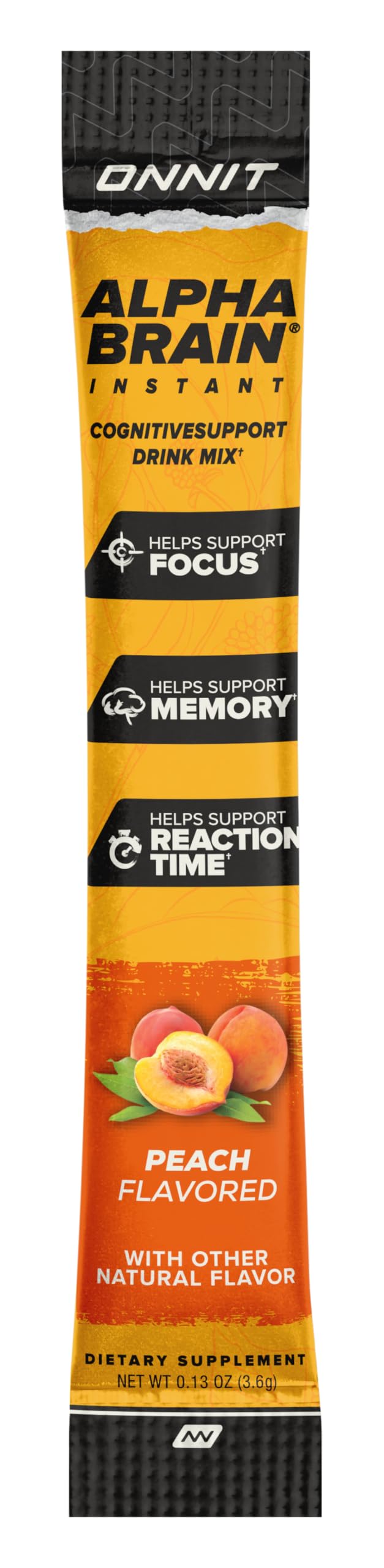 ONNIT Alpha Brain Instant peach flavor sachet and powder ready for cognitive support.