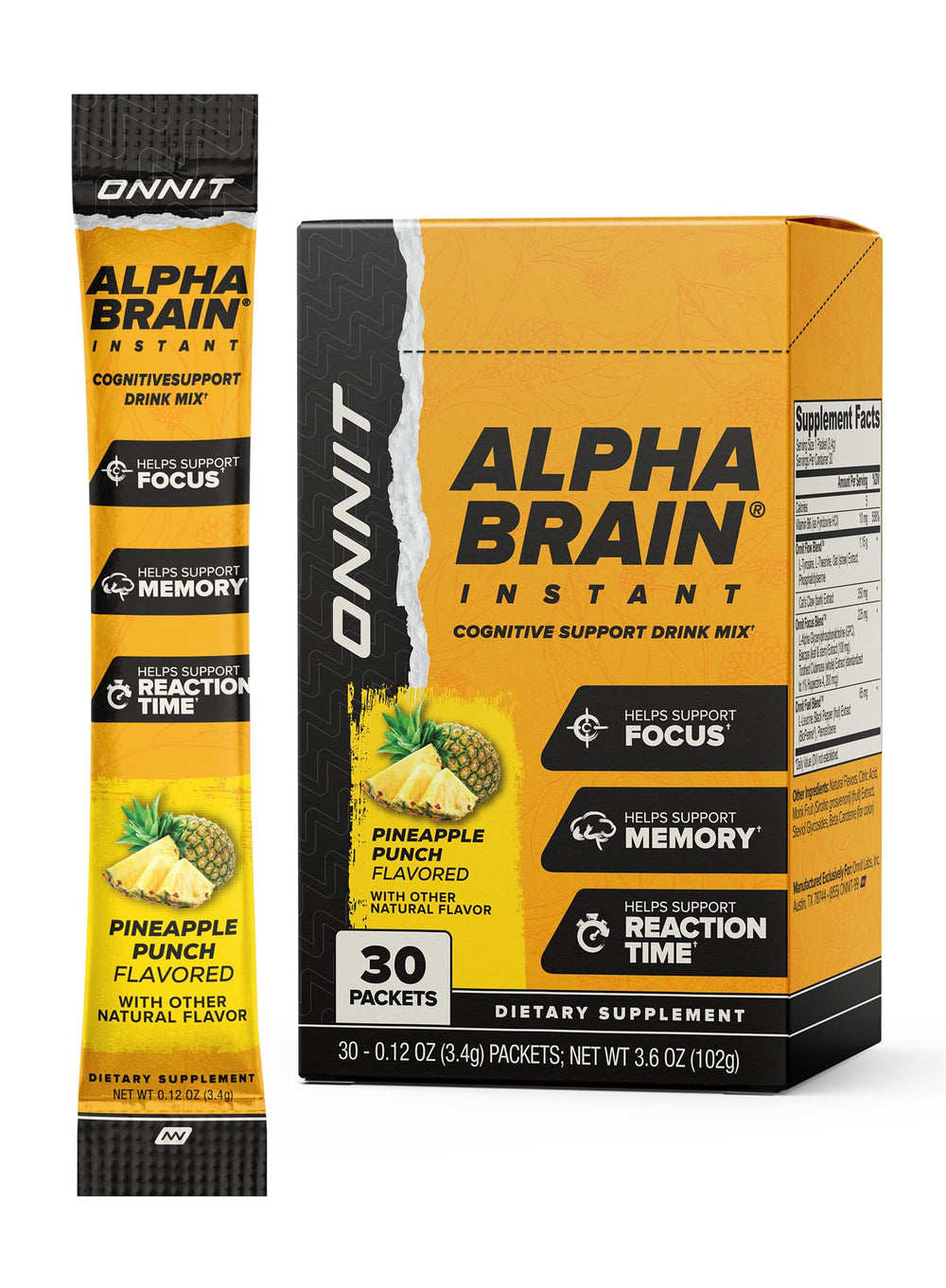 ONNIT Alpha Brain Instant Pineapple Punch canister front view for better focus