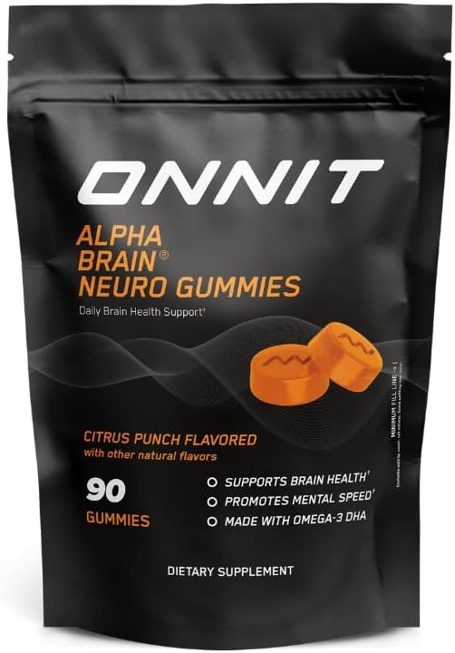 ONNIT Alpha Brain Neuro Gummies bottle shows omega-3s for mental clarity and focus.