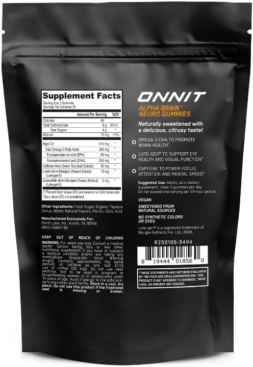 ONNIT Alpha Brain Neuro Gummies label close-up highlights lutein and zeaxanthin for eye support.