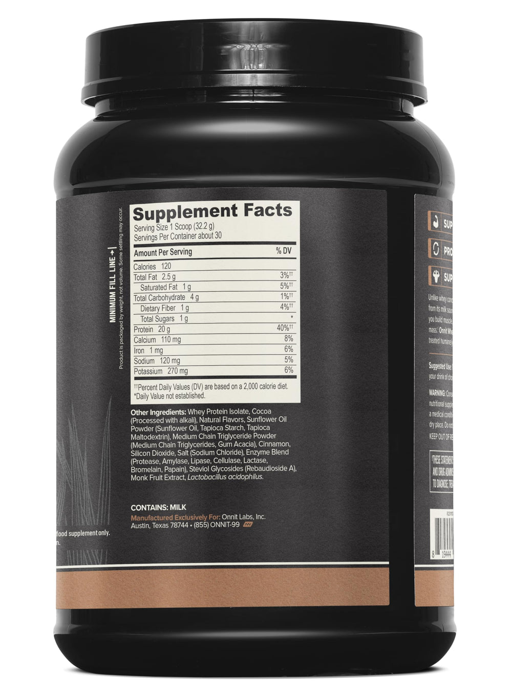 ONNIT chocolate whey isolate label close‑up showing leucin and amino profile