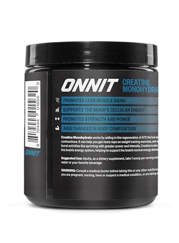 ONNIT Creatine Monohydrate Powder label close-up conveys a pure, unflavored formula.