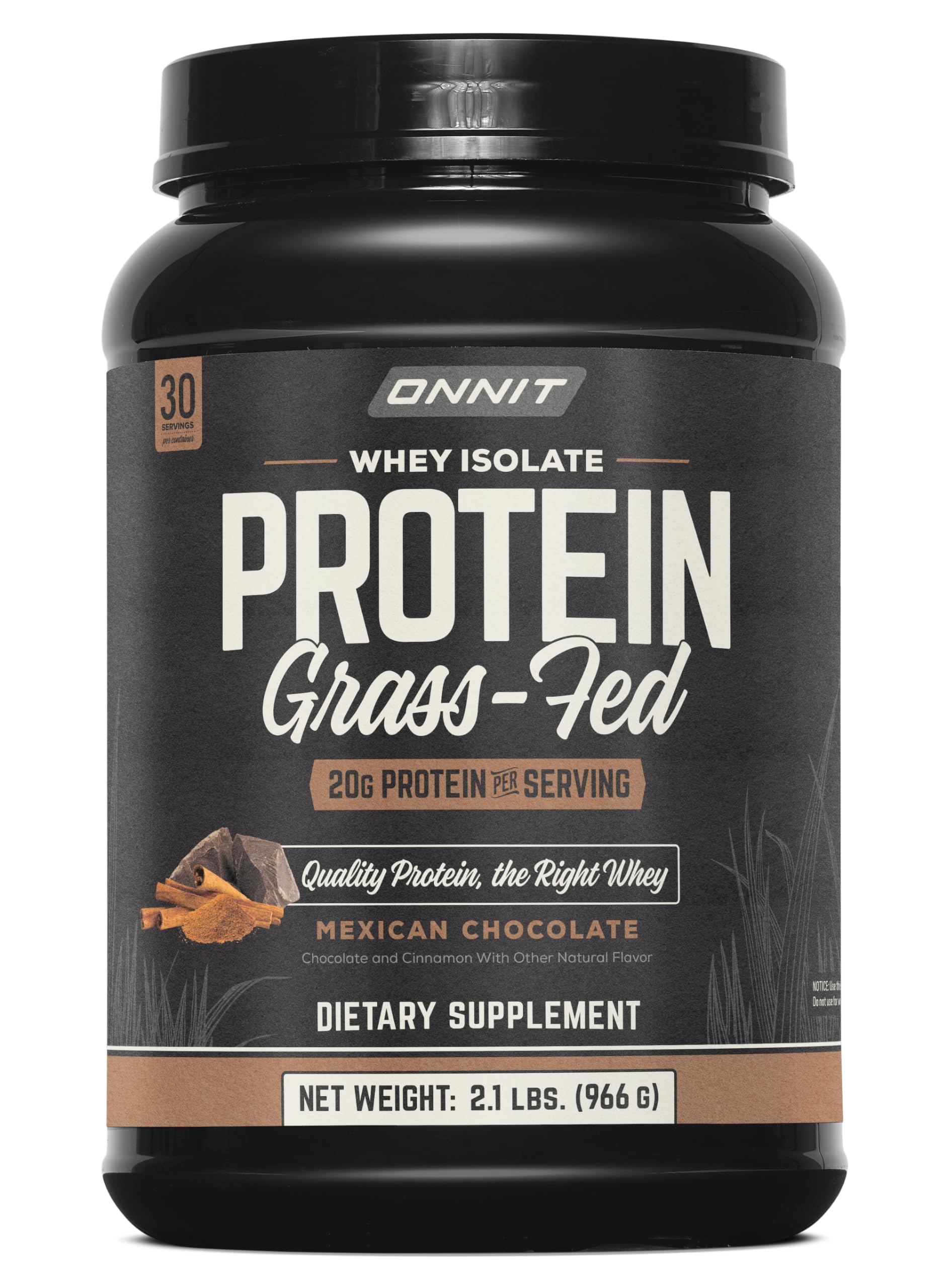 ONNIT Grass Fed Whey Isolate chocolate tub highlighting protein content and flavor