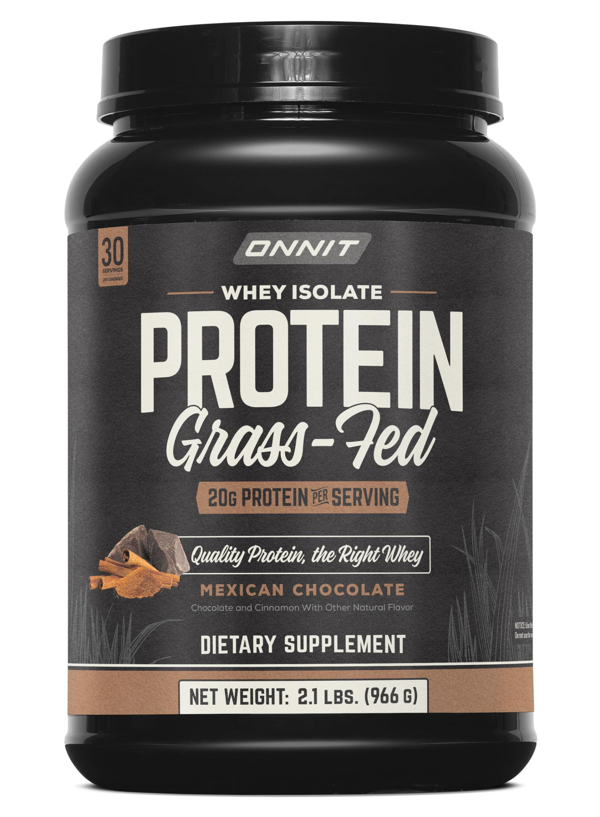 ONNIT Grass Fed Whey Isolate chocolate tub highlighting protein content and flavor