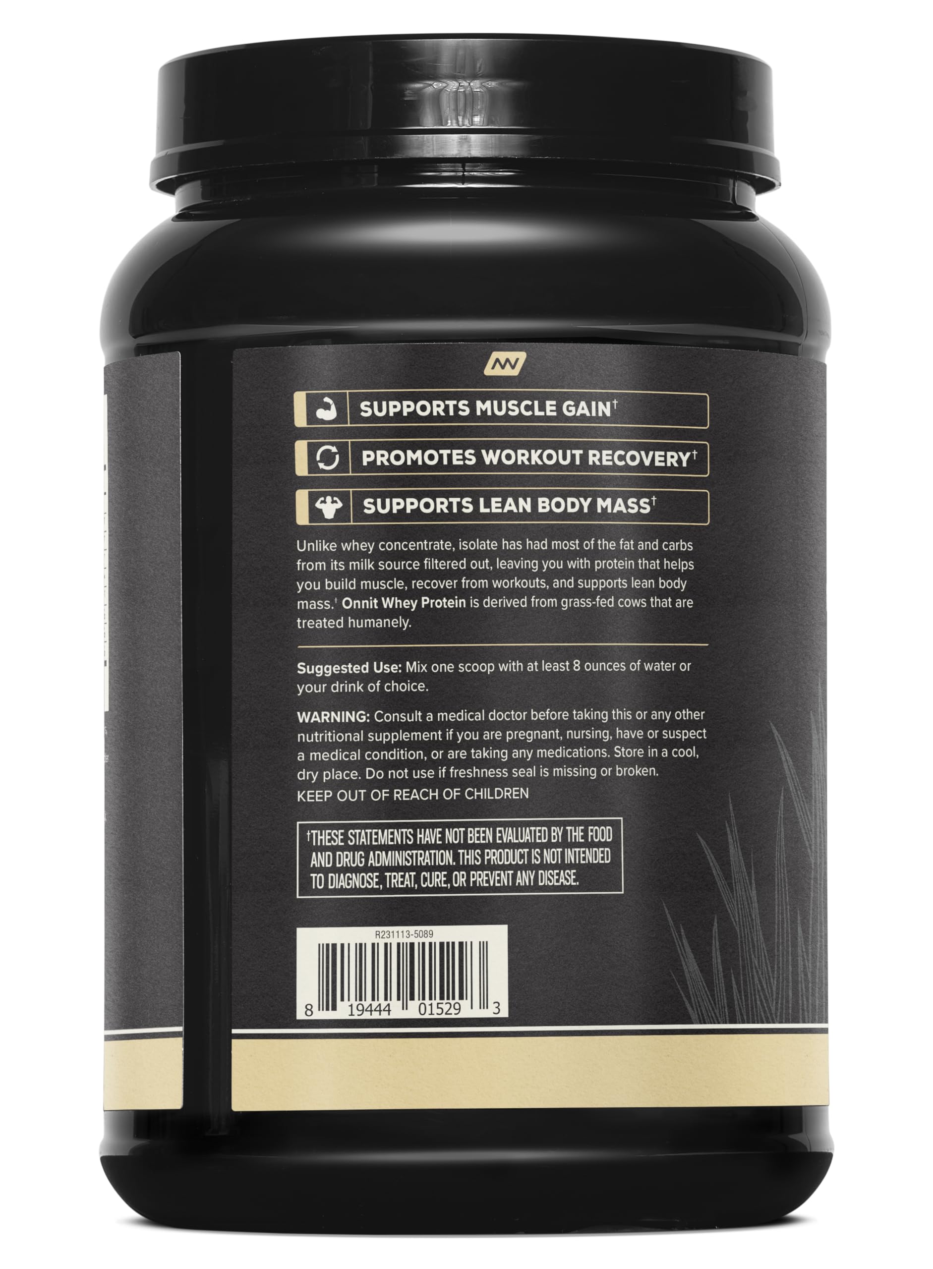 ONNIT vanilla whey isolate label showing nutrition details.
