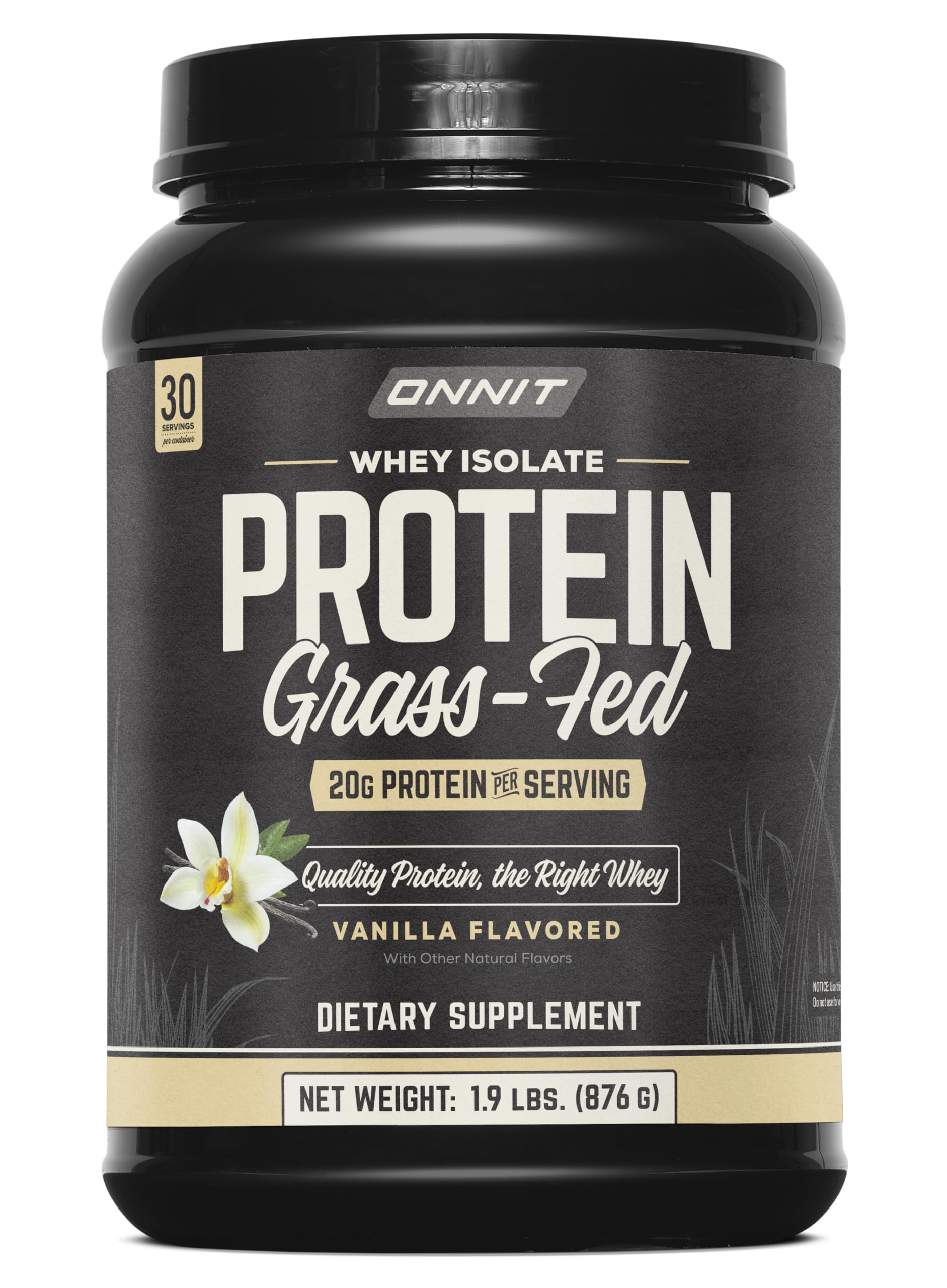 ONNIT Grass Fed Whey Isolate Vanilla tub displaying packaging for protein support.