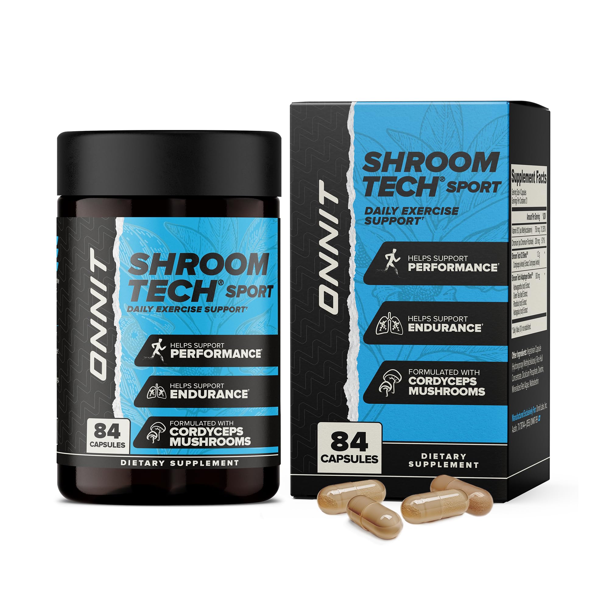 ONNIT Shroom Tech Sport bottle closeup highlighting sleek packaging and daily energy support.