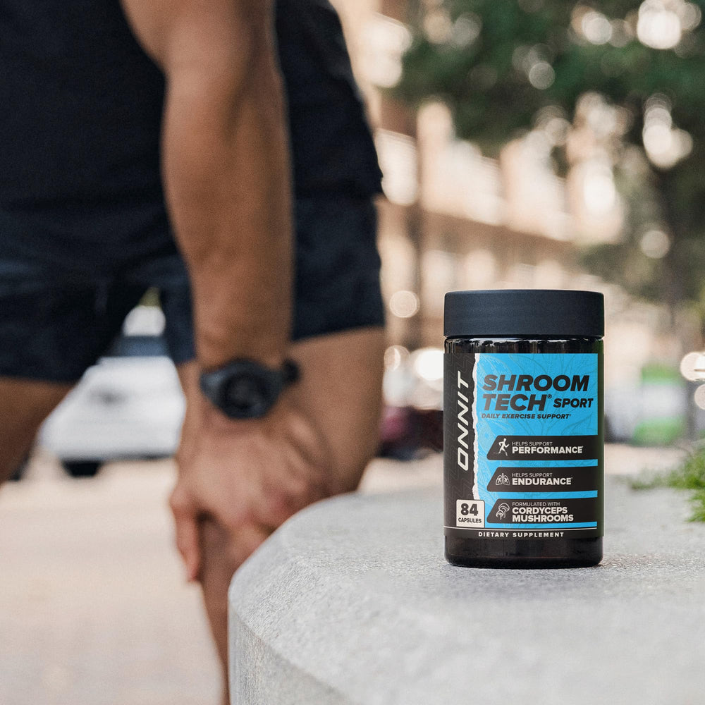 ONNIT Shroom Tech Sport bottle on shelf conveys trusted daily supplement.