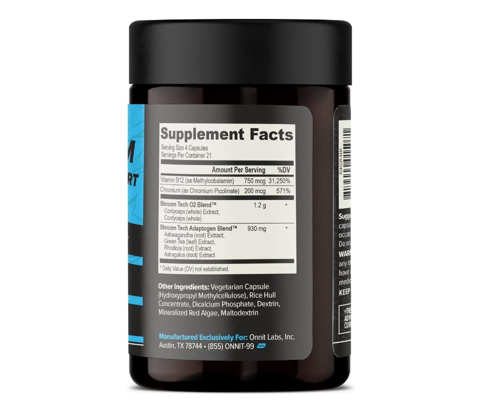 ONNIT Shroom Tech Sport ingredients panel features Rhodiola, Ashwagandha, and Chromium Picolinate.
