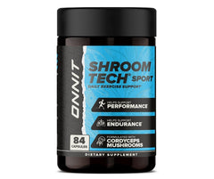 ONNIT Shroom Tech Sport label detail shows Cordyceps and adaptogens.