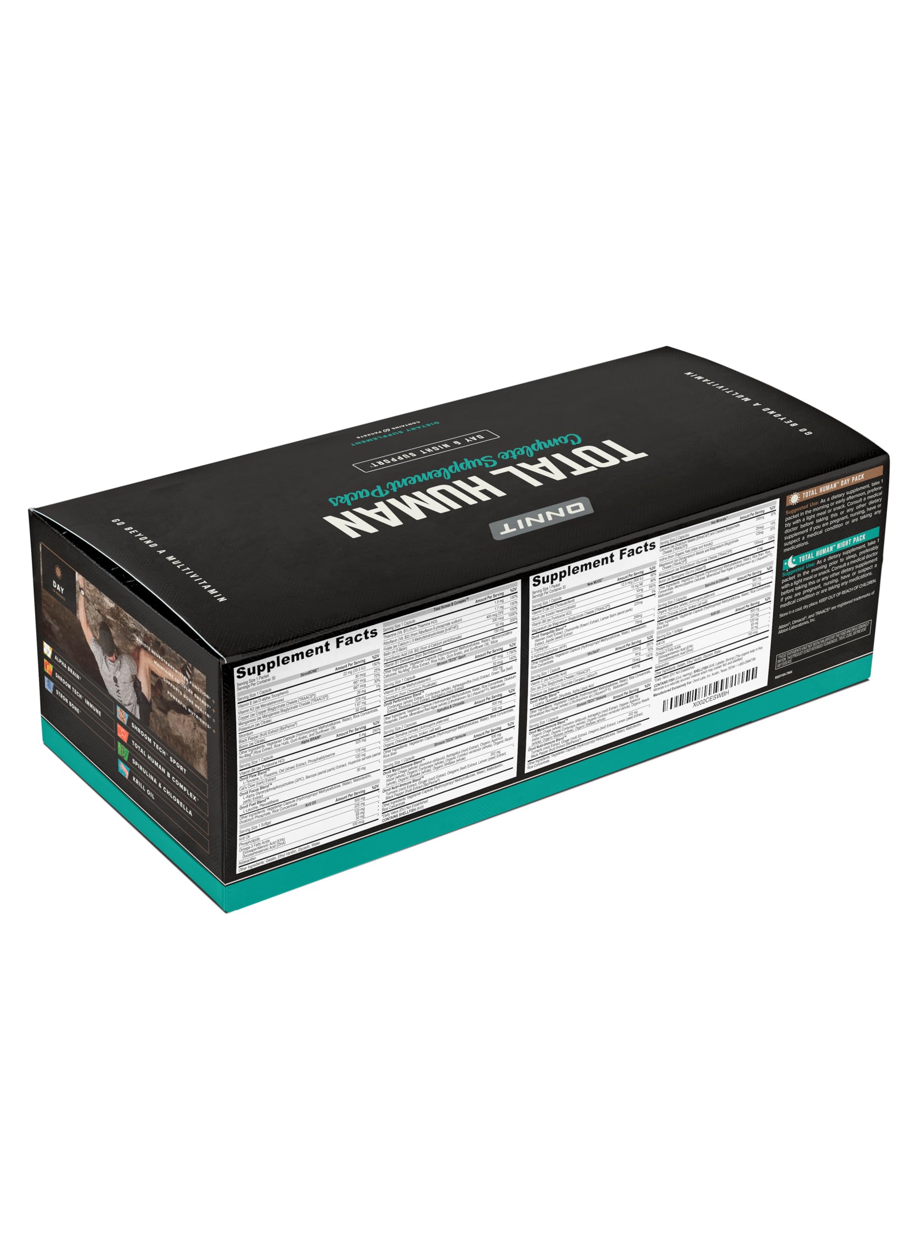 ONNIT Total Human vitamins box opened showing day and night sachets.