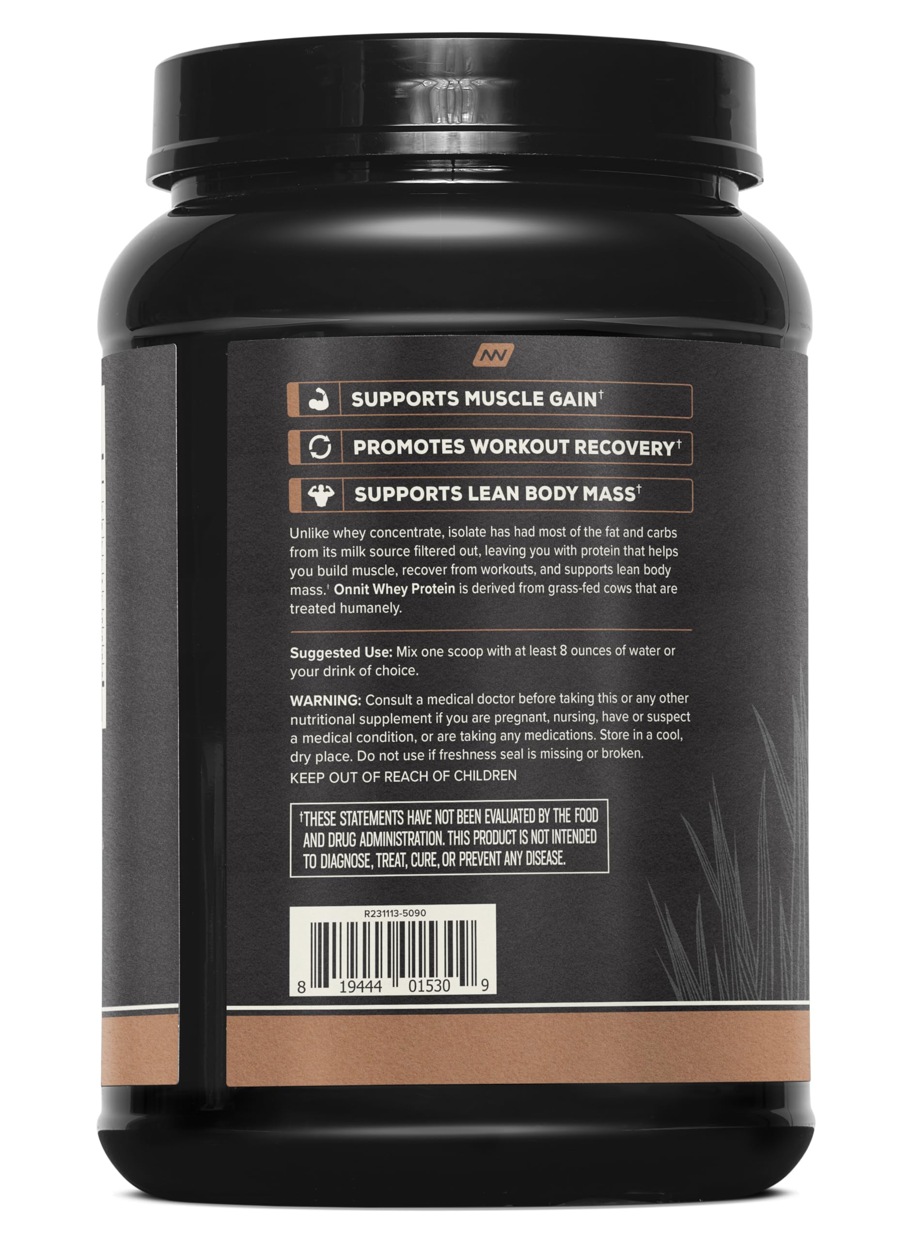 ONNIT whey isolate scoop next to shaker bottle for quick mixing