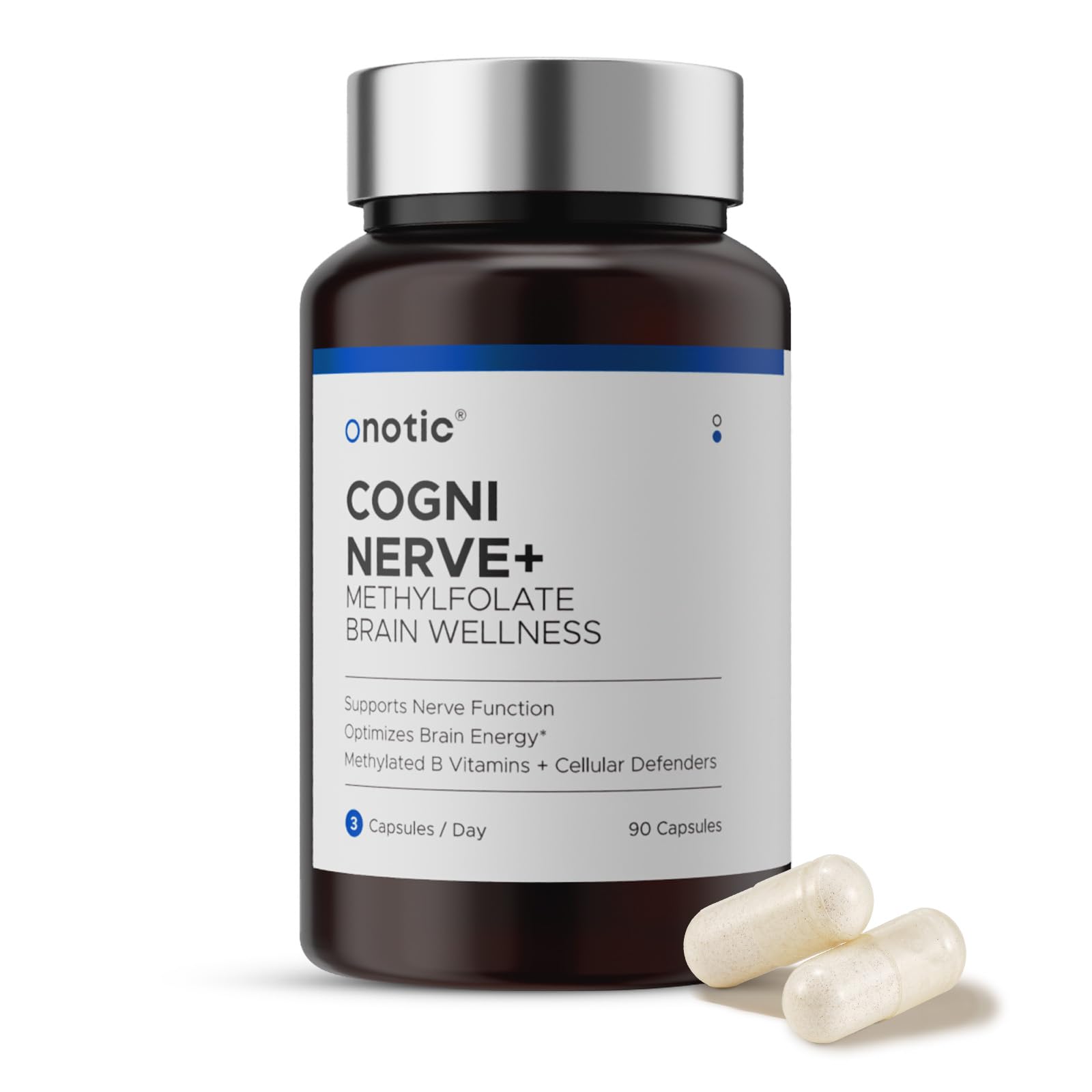 ONOTIC Brain Supplements bottle with capsules for daily focus and memory support.